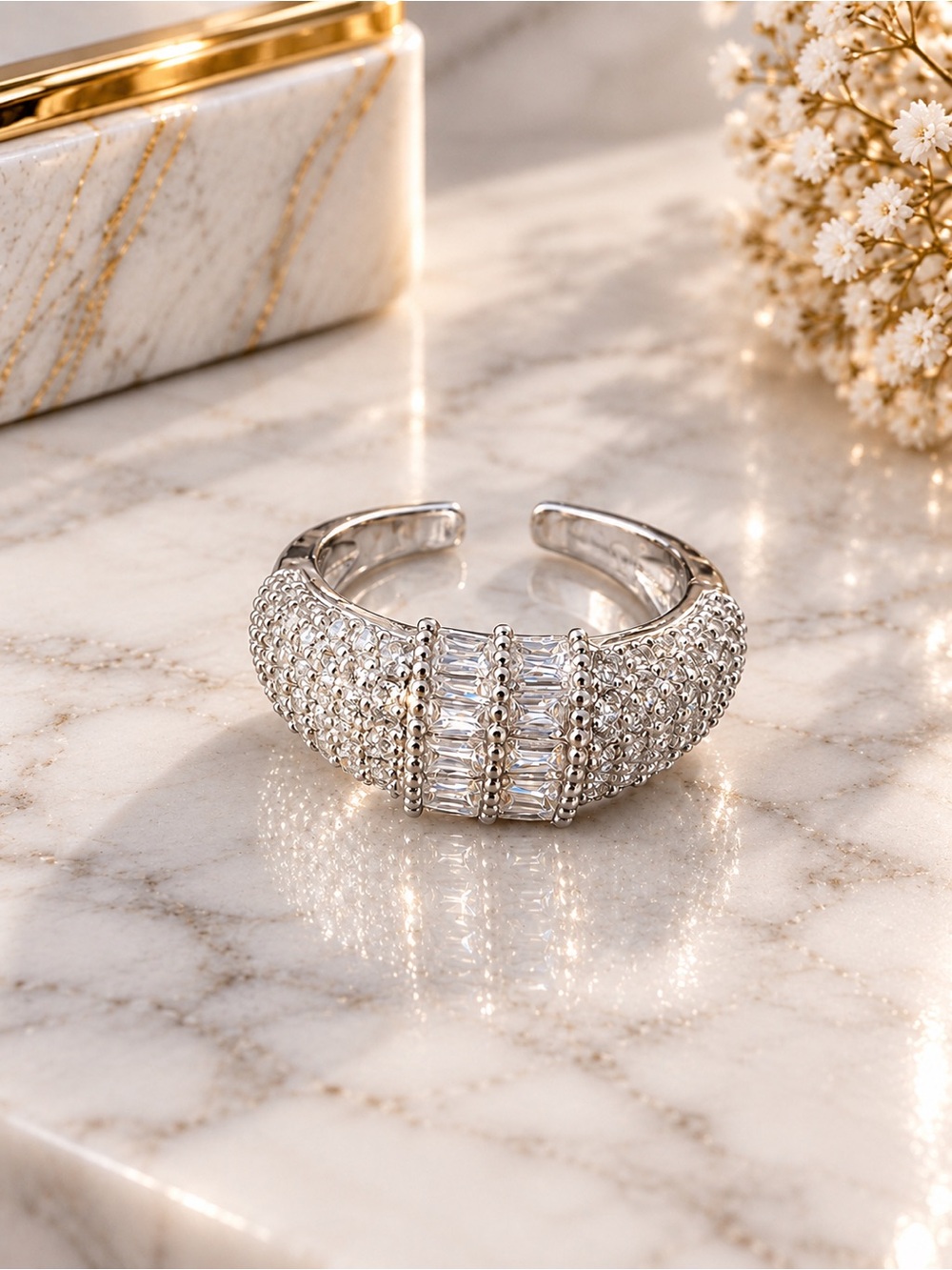 Silver Adjustable Crystal Pavé Cuff Ring